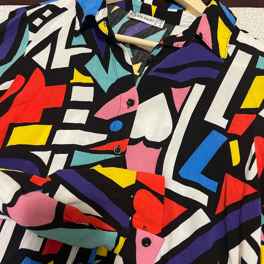 80’s Vintage Vibes Artistic Cubism Style Size M Abstract Geometric Button Up - Picture 5 of 9